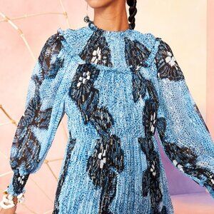 NWOT ULLA JOHNSON Sky Blue Emmeline Lurex Long Sleeve Mini Dress $659